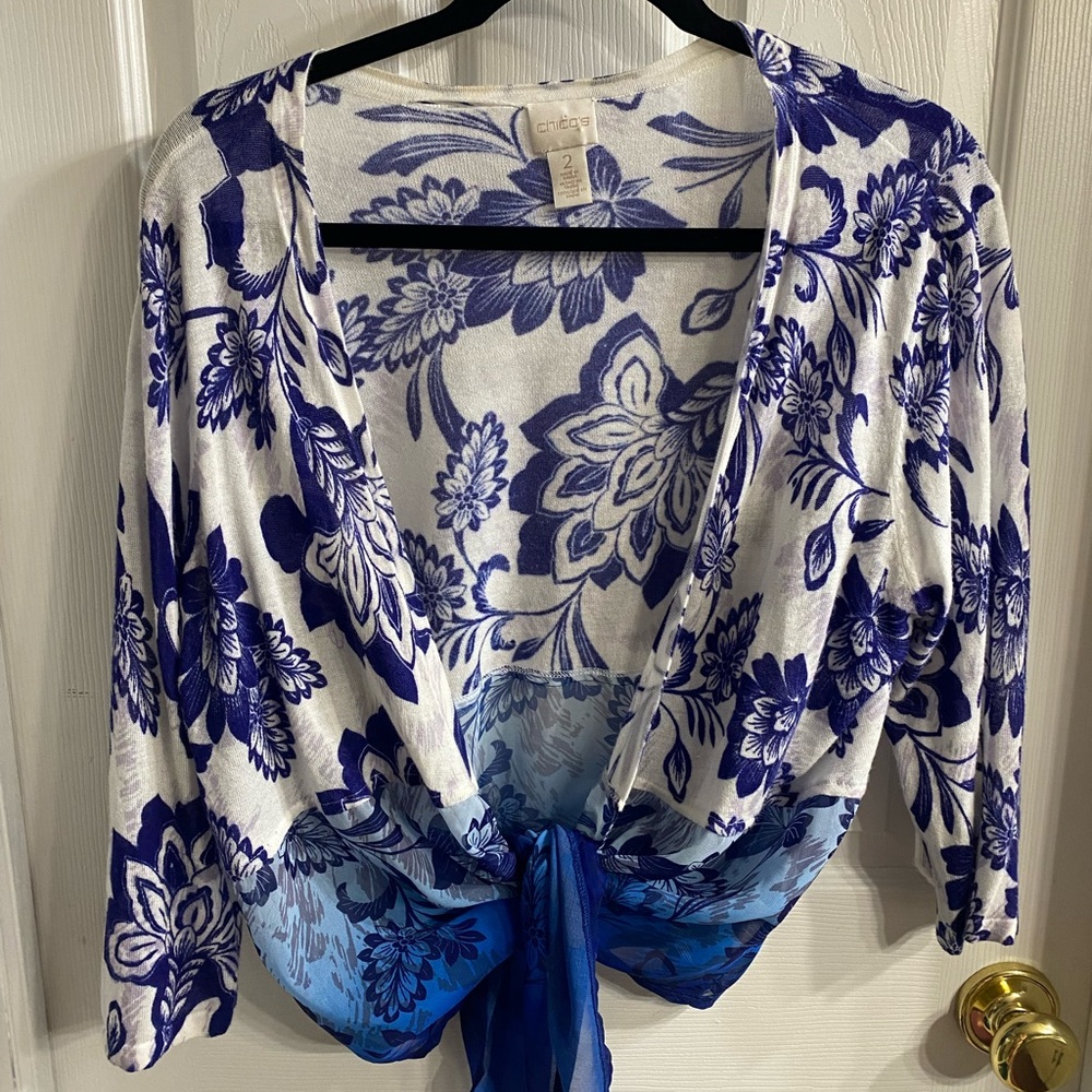 Chico's White and Blue Floral Tie-Front Top